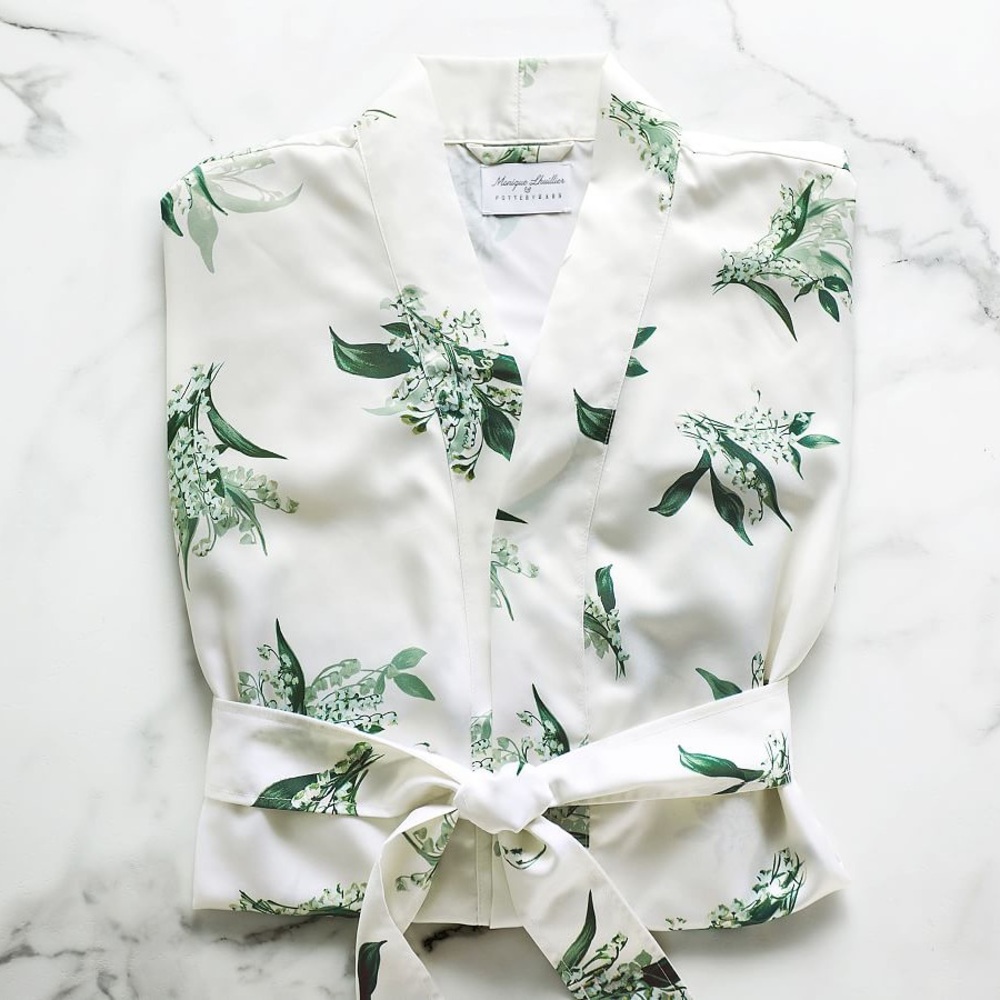 Pottery Barn White and Green Floral Robe “M” embroidered initial